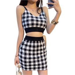 Women's plaid grid knitted short vest crop top camis and elastic waist skirt 2 pc dress twinset