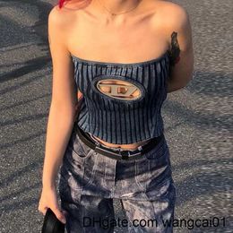 Wangcai01 Womens Tanks Camis D-metal Tank Crop Top Sexy Inner Hollow Blue Retro Knit Slim Tube