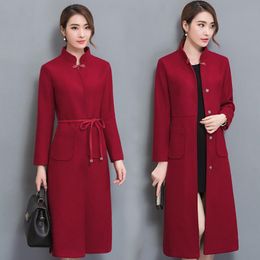 Women's Wool & Blends Women Woollen Fabric Coat 2023 Long Cashmere Coats And Jackets Winter Plus Size Large Xxl Xxxl 4xl Elegant Red Black Cl