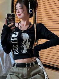 Womens TShirt Letter Print Graphic T Shirt Spring Long Sleeve Halter Crop Top Korean Fashion Vintage Allmatch Slim Fit Y2k Streetwear 230509