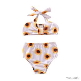 Two-Pieces 0-36M Baby Girl Swimsuits Sunflower Printed Swimwear Toddler Elastic Halter Tops With Triangle Briefs Lovely Swimsuit