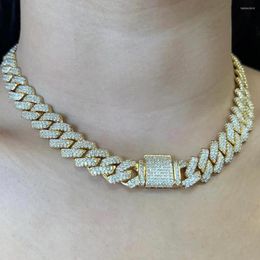 Chains Gold Colour Rhinestones Paved Prong Miami Cuban Link Chain Necklace For Women Men Iced Out 2 Row Rhombus Gift Jewellery