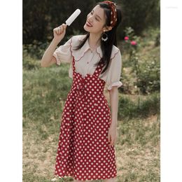 Work Dresses SWEETXUE Summer Vintage Two Piece Outfits 2023 Women Korean Cute Pan Peter Collar Shirt Top Polka Dot Suspender Skirt Suit