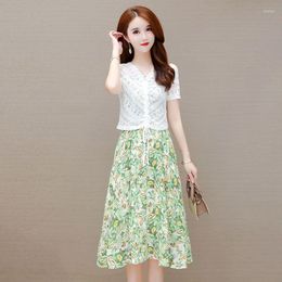 Work Dresses Women's Summer Casual Short Sleeve Shirts Coat Suit Female Elegant Floral Sling Sleeveless Two Piece Set Outfit G363