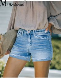 Womens Shorts Fashion Street Stretch Tight Denim Female Casual Light Blue Broken Holes Three Quarter Pants Summer Clothing 230508