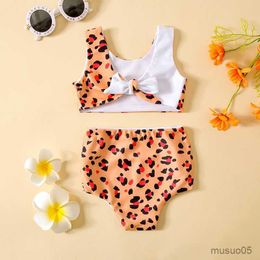 Two-Pieces Summer Toddler Baby Girls Swimming Suit Cute Bikini Set Fashion Leopard Trim Ruffle Sweet Style Kids Girl Beachwear Swimwear