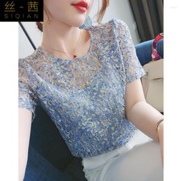Women's Blouses Chiffon Shirt Short Sleeved Women's 2023 Summer Color Contrast Early Elegant Blue Lace Sweet Slimming Top Trend