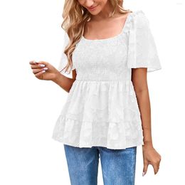 Women's T Shirts Women's Spring And Summer Square Collar Temperament Waist Pleats Printed Ruffle Short Sleeved Tops