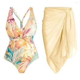 Women's Swimwear Yellow V-neck Flower Print One-piece Swimsuit Sexy Gathering Waist Bikini Women Halter Fashion Irregular Solid Color Cover