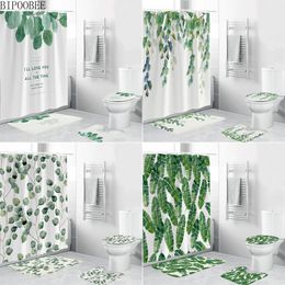 Curtains Tropical Green Plant Leaf Palm Cactus Shower Curtains Bathroom Curtain Antislip Bath Mat Set Toilet Rugs Carpet Home Decor