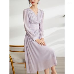Casual Dresses Elegant Purple Silk Dress Feminine Long Sleeve Mulberry A-Line French V-Neck High Waist Large Swing Skirt
