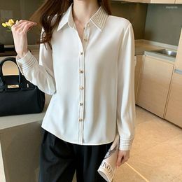 Women's Blouses #4933 Elegant Office White Chiffon Shirt Women Lapel Collar Casual Long Sleeve Female Formal Korean Fashion