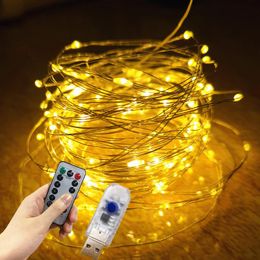 Strings Remote Control USB LED Fairy Lights Garland Silver/Copper Wire String Street Lamp For Christmas Outdoor Wedding DIY DecorLED