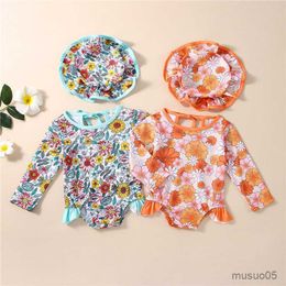 Two-Pieces Toddler Baby Girls Swimwear Summer Floral Print Long Sleeve Bathing Suit Swimming Pool Spring Swimsuit with Swim Cap