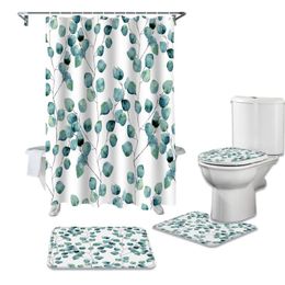 Shower Curtains Green Leaves Branches Bathroom Curtain Set Bath Mat Sets With Hooks Non-Slip Pedestal Rug Toilet Cover
