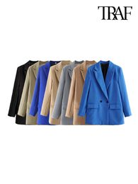 Women's Suits Blazers TRAF Women Chic Office Lady Double Breasted Blazer Vintage Coat Fashion Notched Collar Long Sleeve Ladies Outerwear Stylish Tops 230509