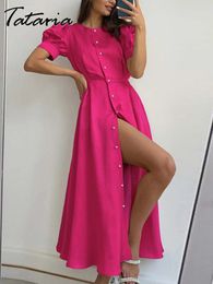 Casual Dresses Classic Women's Summer Dress with Slit Orange Elegant O Neck Maxi Dresses Office Ladies Buttons Up Holiday Dress for Women 230509