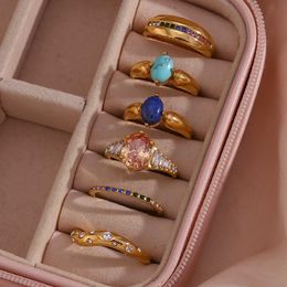 Band Rings 2023 Luxury Gem Lapis Turquoise 3A Cubic Zirconia Colorful Rainbow Crystal Rings For Woman Gold Plated Stainless Steel Ring Z0509