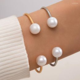 Bangle HuaTang Pearl Gold Silver Double Colour Open Bracelet Mix And Match Couple Two Piece Set Party Travel