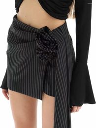 Skirts 2023Summer Women's Satin Stripes Sticker Flower Pleated Mini Skirt Y2k Clothes High Quality Irregular Bra