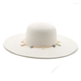 Wide Brim Hats Summer Women Big White Black Straw Belt Band Chain Elegant Solid Round Top Casual Outdoor Beach Sun