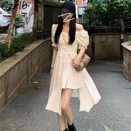 Casual Dresses Short Sleeve Women Fashion Korean Streetwear Elegant Sweet Square Collar Asymmetrical Retro Design Chic Summer Clothes