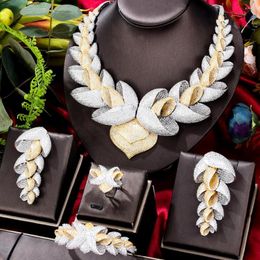 Necklace Earrings Set KellyBola Luxury Lotus Zircon Africa India Bracelet Ring 4PCS Dubai Nigeria Ladies Bridal Wedding
