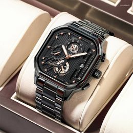 Wristwatches POEDAGAR Multifunction Chronograph Watches Men Sports Style Square Stainless Steel Waterproof Quartz Calendar Clock