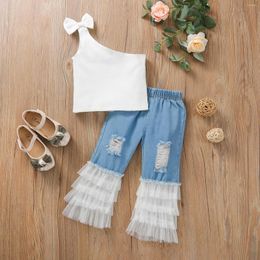 Clothing Sets Kids Baby Girls Clothes Sleeveless One Shoulder Bowknot Tank Tops Lace Ruffle Stitching Ripped Denim Pant Outfits 2-7Y