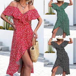 Casual Dresses Summer Floral Sleeveless Midi Dress Vintage Strap Off Shoulder V-neck Split Spring 2023 Sundress