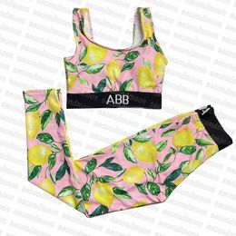 Lemon Print Tracksuit Women Summer Sport Outfit Yoga Crop Tops High Waist Fitness Leggings Two Piece Sportwear