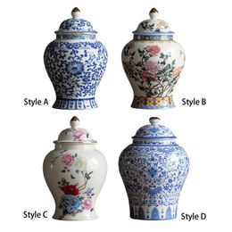 Decorative Objects Figurines Chinese Style Ceramic Ginger Jar Beautiful Dried Flower Vase Glazed Asian Decor Blue White Centerpiece Temple 230508