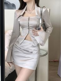 Two Piece Dress Spring Fashion Suit Womens Temperament Pure Style Satin Shirt Top Slim Fit Wrap Hip Skirt Twopiece Set Female Clothes 230509