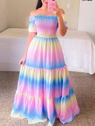 Party Dresses Rainbow Sexy Off Shoulder Dress Floral Print Short Sleeve Ladies Cute Summer Beach Maxi 230508