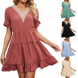Casual Dresses Woman V Neck Smocked High Waisted Dress Summer Short Sleeve Mini Flowy Ruffle