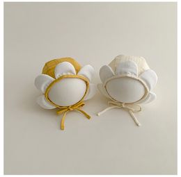 M588 Ins Cute Flower Infant Baby Hat Cotton Flower Caps Lace Up Babies Ear Protection Hats