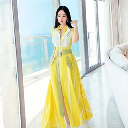 Casual Dresses High Quality Summer Dress Bohemian Bright Color Stitching Shirt Dress Fashion Design Temperament Yellow Dress Female 230509