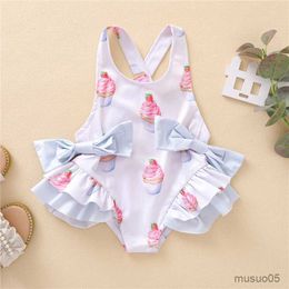 Two-Pieces Baby Girls Swimsuits Summer Ruffle Bikini Children Girls Bodysuits Cake Printed Backless Girls Swimwear