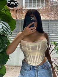 Womens Tanks Camis Asia Sexy Corset Top Women Sleeveless Off Shoulder Female Boned Cropped Streetwear Bustier Mesh Crop White 230509