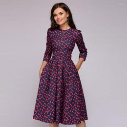 Casual Dresses 2023 Spring Vintage Pleated Tunic Print Dress Women Elegant A Line Long Sleeve Female Party Vestidos