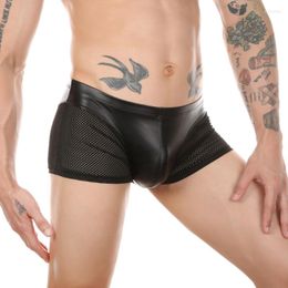 Underpants Sexy Mens Underwear Mesh PU Leather Boxers Bulge Pouch Men Boxer Shorts Male Panties Stage Dance Breathable Boxershorts