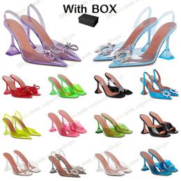 party Sandals Heeled Shoes Luxury Designer Satin High Amina Dress Shoe Muaddi Bow Crystal-Embellished Buckle Pointed Toe Sunflower transparent Pcv Sandal With Box