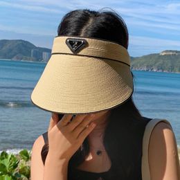 Wide Brim Hats 2023 Summer Women Straw Hat Fashion Metal Letter Label Breathable Sun 13cm Large Lady Beach Cap Elastic Adjustment