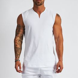 Mens Tank Tops Plain Cotton Vneck Fitness Top Men Summer Muscle Vest Gym Clothing Bodybuilding Sleeveless Shirt Workout Sports Singlets 230509