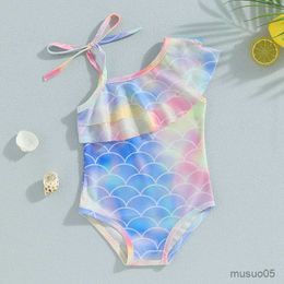 Two-Pieces Kids Girls Romper Swimsuit Colorful Fish Scale Print Ruffles Tie-Up Swimwear For Girl Sleeveless Bathing Suit