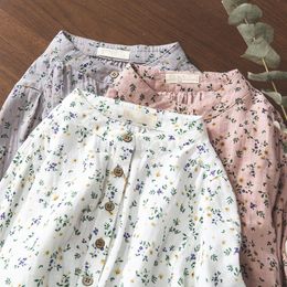Shirt Lamtrip Rustic Little Flowers Print Stand Collar Cotton Yarn Half Sleeve Shirt Women Mori Girl ToP 2021 Spring