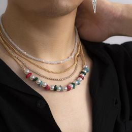 Chains 4pcs/set Multilayer Pearl Natural Stone Necklace Man Rice Bead Colorful Gravel Fashion Metal Imitation For Men