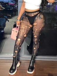 Women's Pants Capris Puss Sexy Mesh Hollow Pants Women Stockings Nightclub See Through Hole Leggings High Waist Fashion Street Skinny Bottom T230509