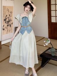 Work Dresses 2023 Summer Fashion Suits Women Ruffles Slash Neck Denim Slim Shirt Top High Waist Chiffon Midi Skirt Elegant 2 Piece Set