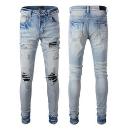 Men's Jeans High Street Fashion Brand Jeans Men's Broken Hole Patch Jeans Trendy Slim Fit Leggings